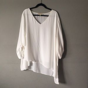 Long white asymmetrical v-neck blouse